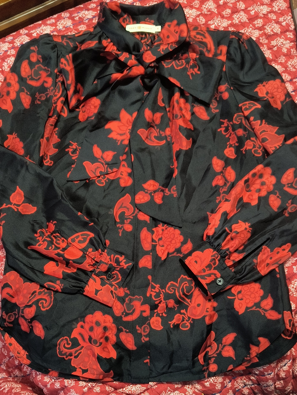 Tory Burch 100 Percent Silk Black And Red Blouse with Tie-Neck